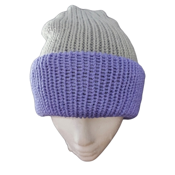Handcrafted Reversible Knit Hat in Grey & Periwinkle - Picture 11 of 11